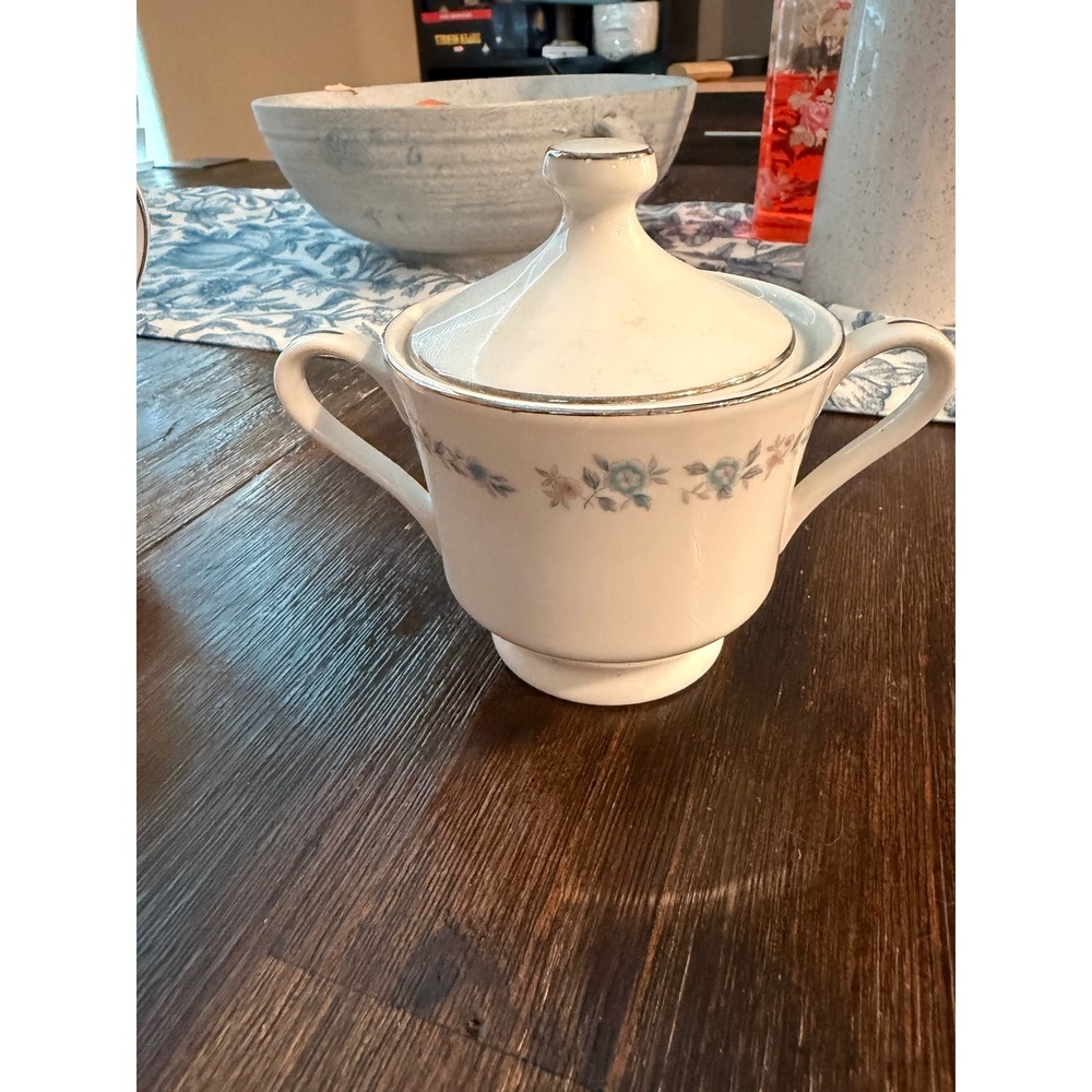 Nasco Belmont Fine China Sugar Bowl with Lid Blue Floral Silver Trim Japan
